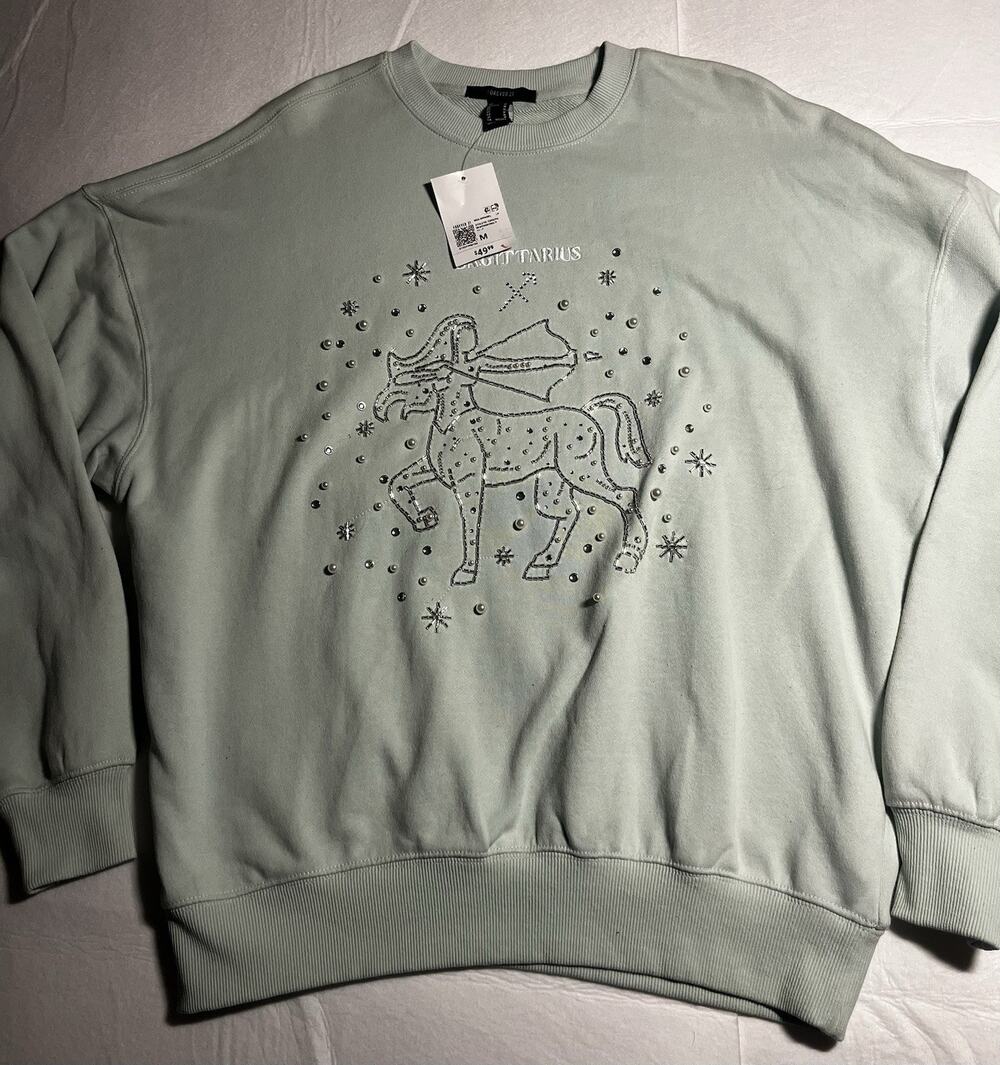 Forever 21 Sagittarius Beaded Rhinestone Sweatshirt Women’s M Seafoam NWT Zodiac